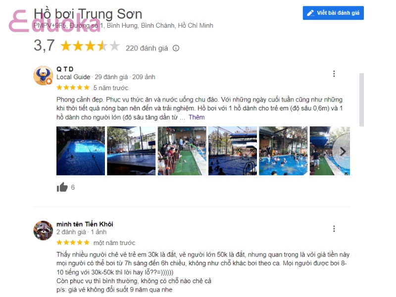 Đánh giá của khách hàng về hồ bơi Trung Sơn