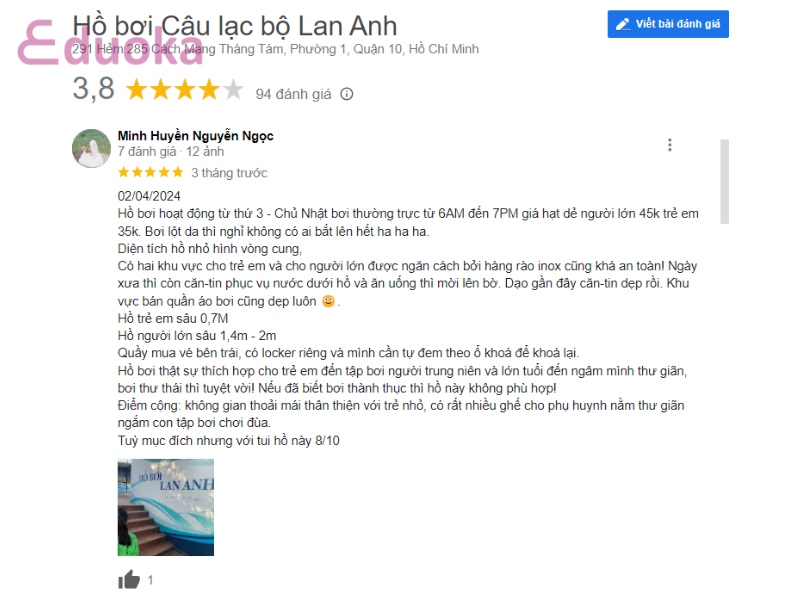 Đánh giá của khách hàng về Hồ Bơi Lan Anh