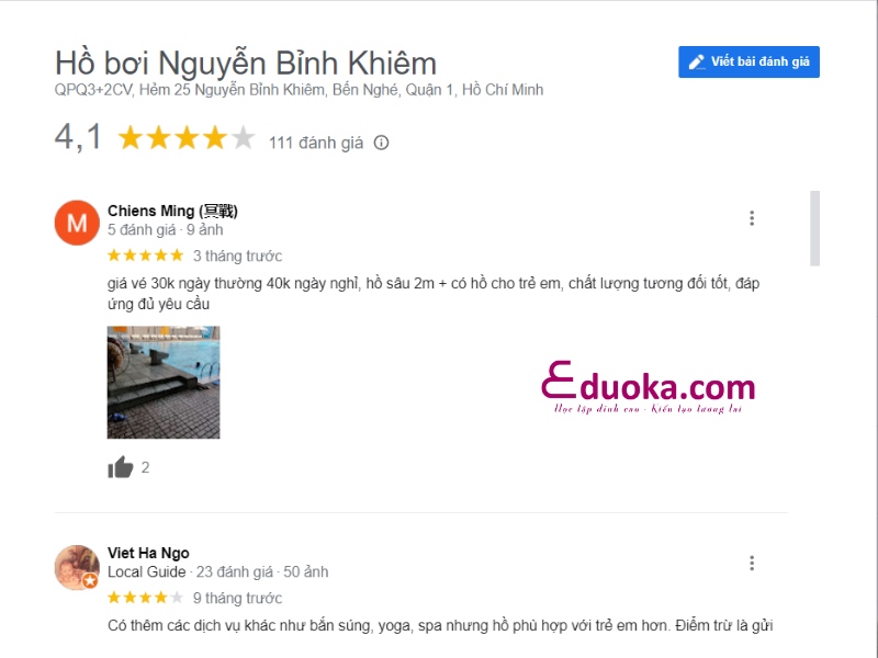 Đánh giá của khách hàng về hồ bơi Nguyễn Bỉnh Khiêm