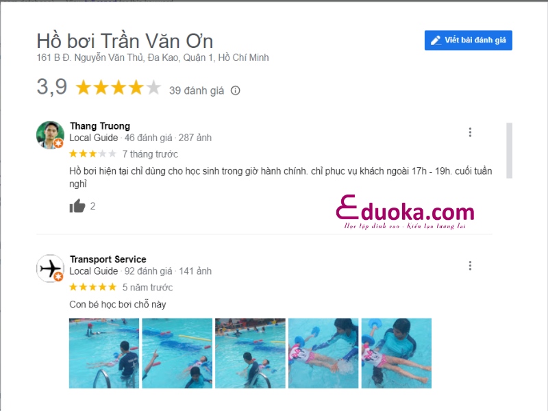 Đánh giá của khách hàng về hồ bơi Trường THCS Trần Văn Ơn
