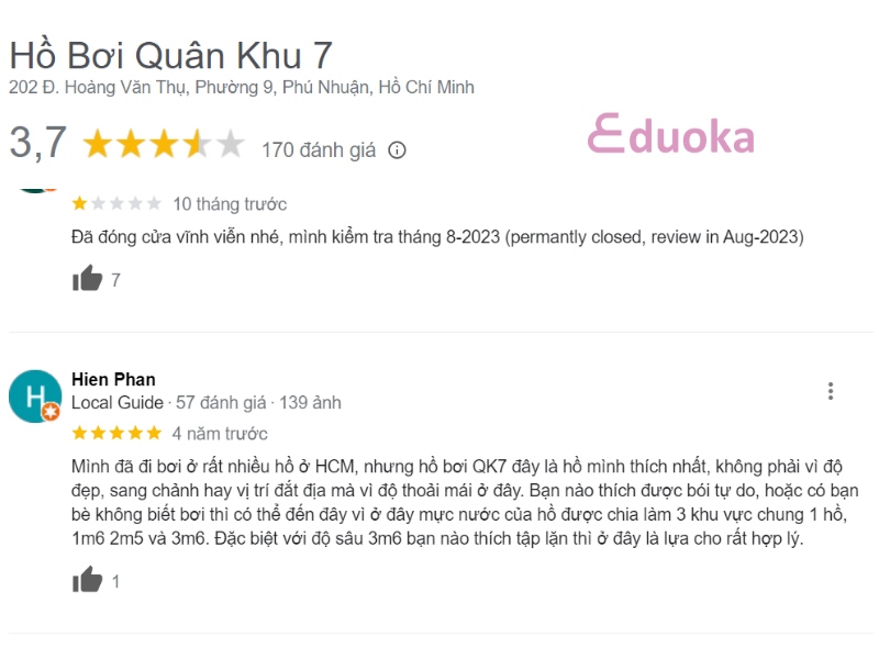 Trải nghiệm của khách hàng về hồ bơi quân khu 7