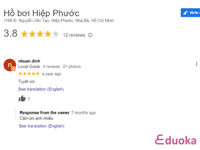 Đánh giá của khách hàng về Hồ bơi Hiệp Phước