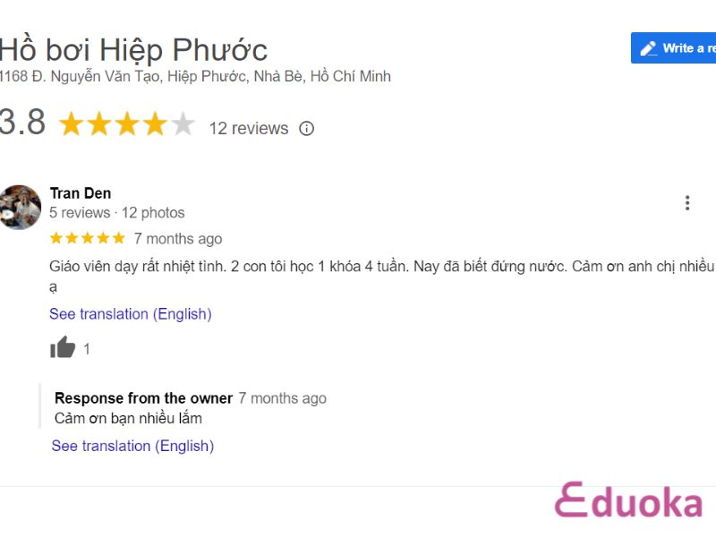 Đánh giá của khách hàng về Hồ bơi Hiệp Phước