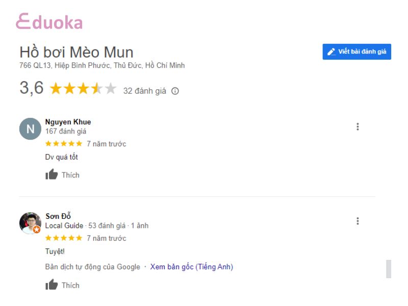 Cảm nhận của khách hàng về Hồ Bơi Mèo Mun