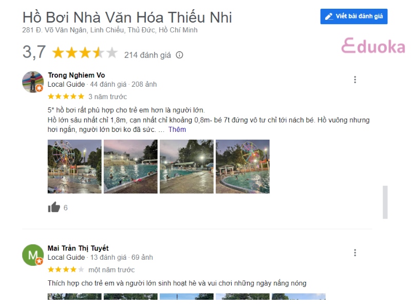 Đánh giá của khách hàng về Hồ Bơi Nhà Thiếu Nhi Thủ Đức