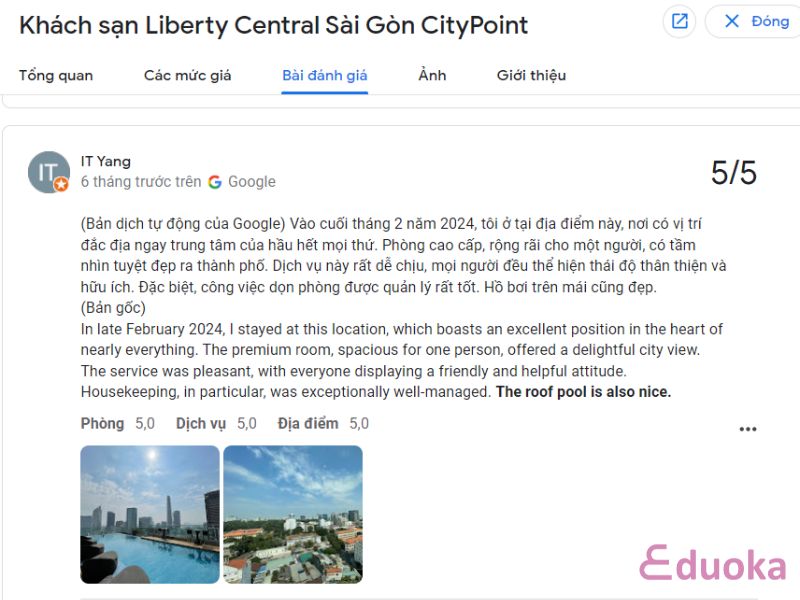 Đánh giá của Khách Hàng về Bể Bơi Khách Sạn Liberty Central Sài Gòn CityPoint
