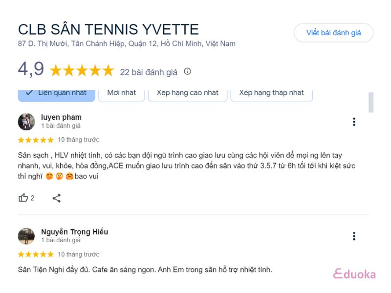 Đánh Giá Của Khách Hàng Về CLB Sân Tennis Yvette 1
