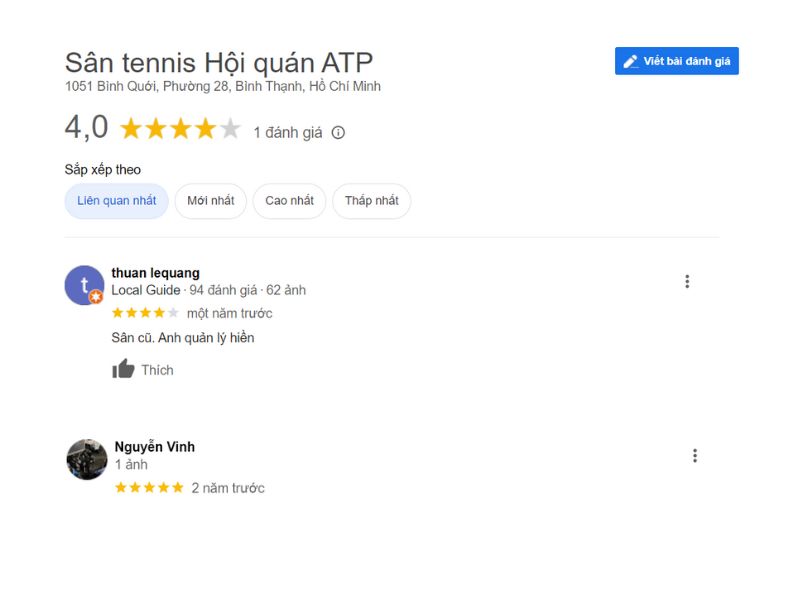 Đánh Giá Của Khách Hàng Về Sân Tennis Hội Quán ATP