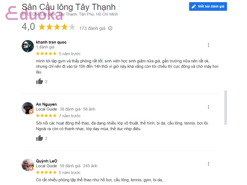 Đánh giá của các vợt thủ về sân cầu lông tây thạnh