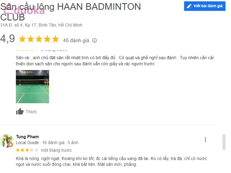 Nhận xét dành cho Sân cầu lông HAAN BADMINTON CLUB