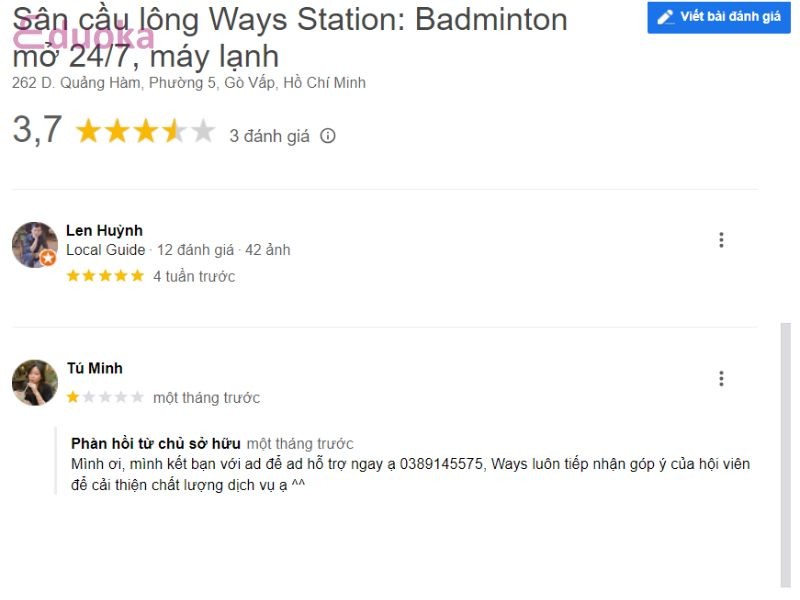 Review từ các vợt thủ về Sân cầu lông Ways Station