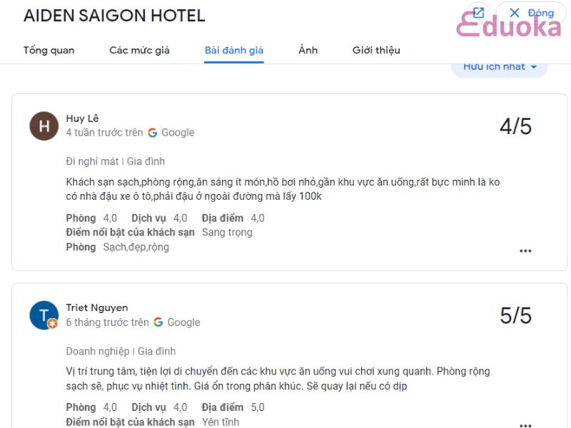 Đánh giá của Khách Hàng Về Hồ Bơi AIDEN SAIGON HOTEL