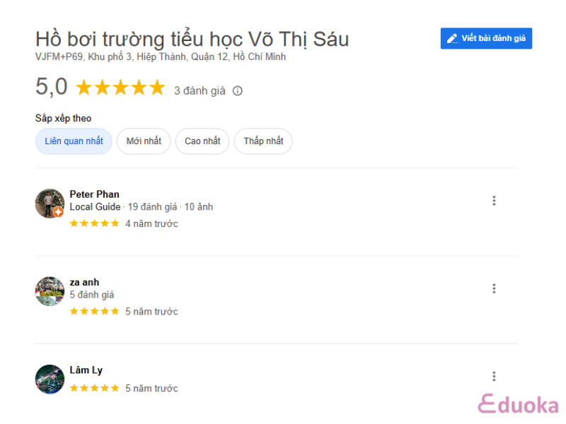Cảm nhận của khách hàng về Hồ Bơi Trường Tiểu Học Võ Thị Sáu