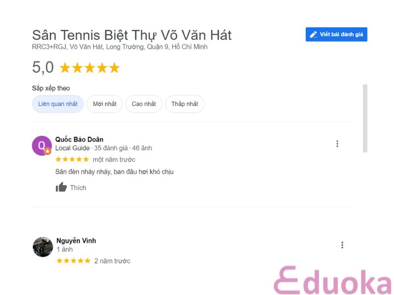 Đánh giá của khách hàng về sân tennis biệt thự võ văn hát