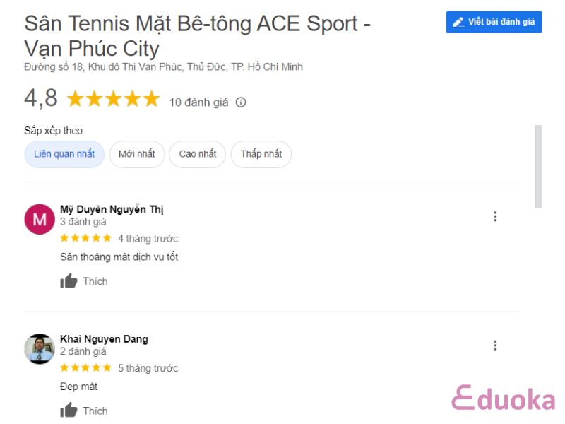 Review của khách hàng về sân tennis ACE Sport - Vạn Phúc City