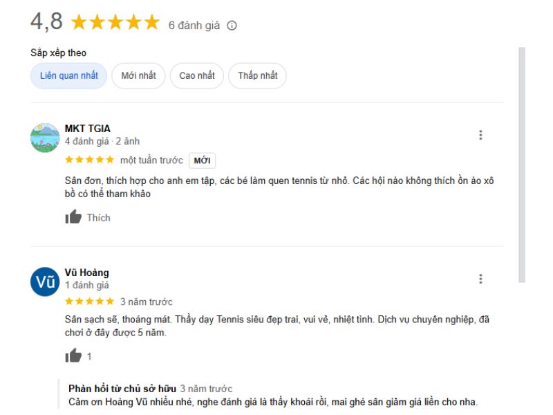 Đánh giá từ khách hàng về Câu Lạc Bộ Tennis 755