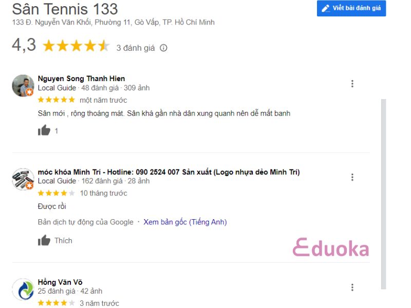 Đánh giá từ người chơi về sân tennis 133