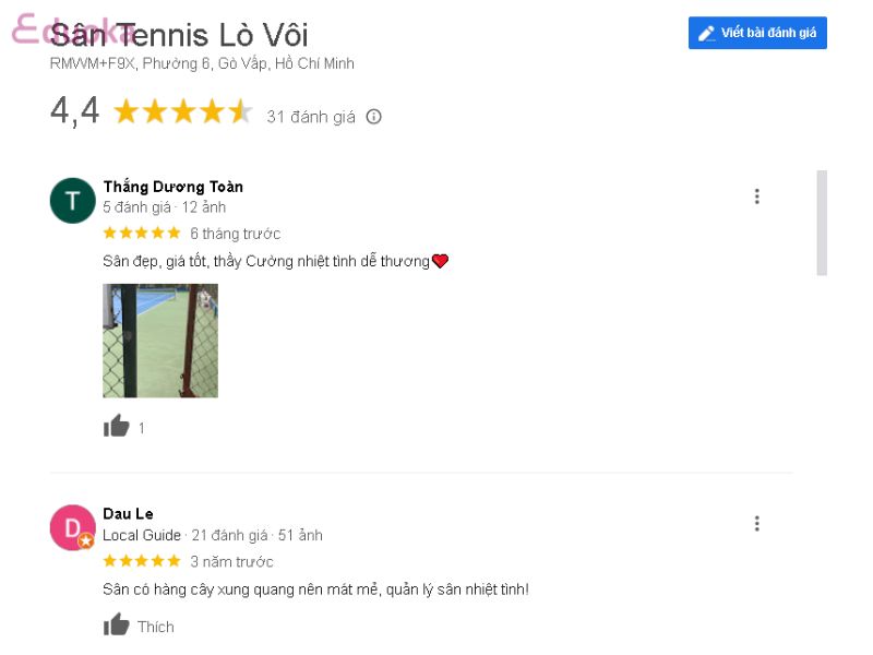 Đánh giá của người chơi về Sân Tennis Lò Vôi