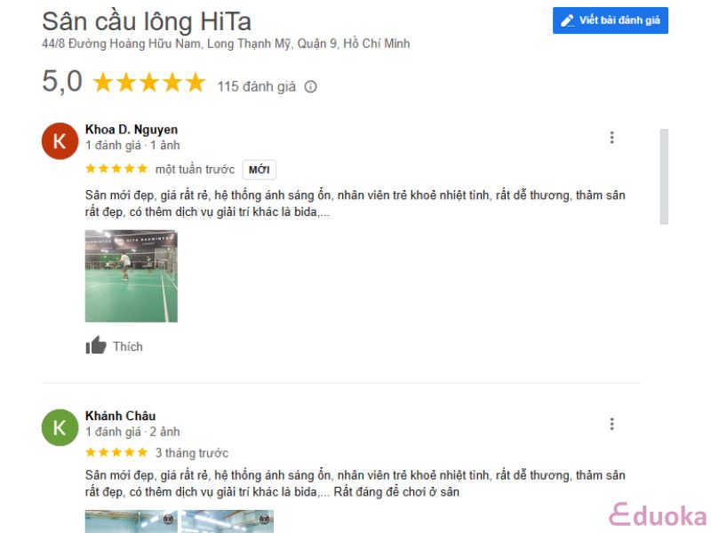 Đánh giá của khách hàng về sân cầu lông Hita