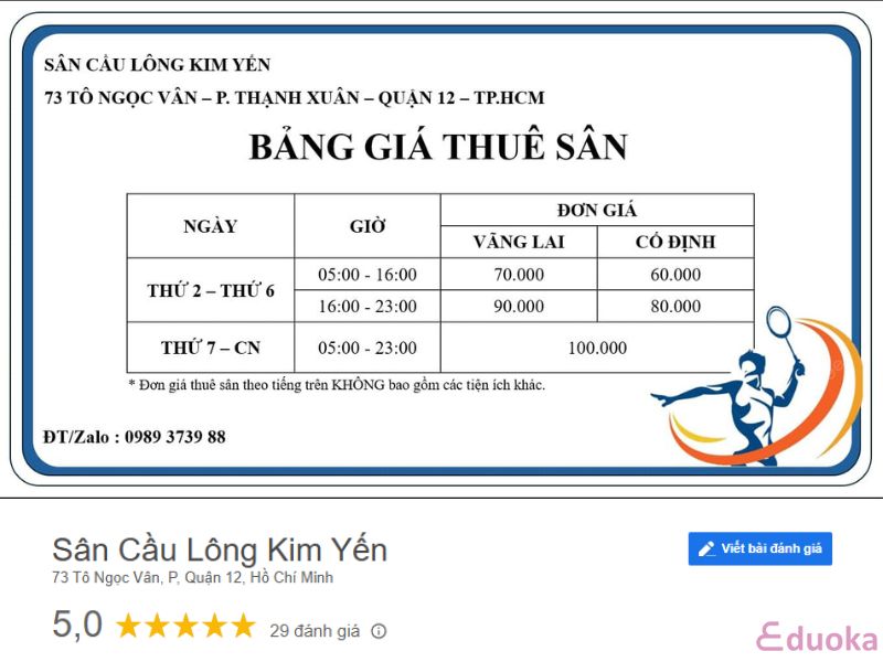 Chi phí thuê sân cầu lông Kim Yến